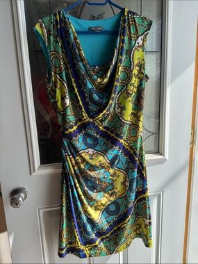 Roz & Ali Turquoise and Yellow Cowl Neck Midi Dress, Petite 14